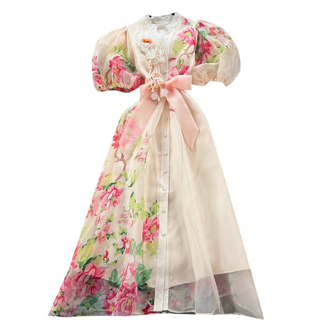 3D Floral Lace-up Mesh Dress