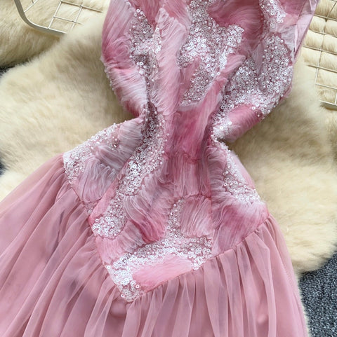 High-end Sequined Patchwork Mesh Dress