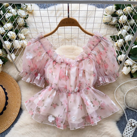 Sweetie Puffy Sleeve Embroidery Floral Shirt