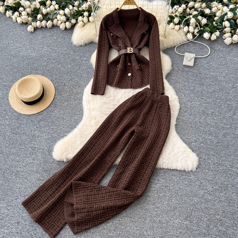 Suit-collar Knitwear & Trousers Maze 2Pcs
