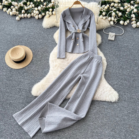 Suit-collar Knitwear & Trousers Maze 2Pcs