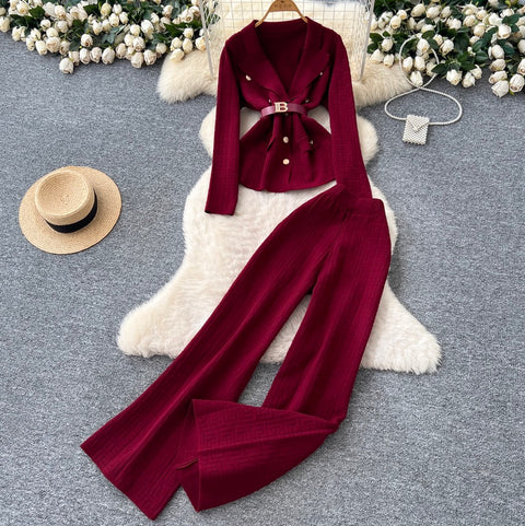 Suit-collar Knitwear & Trousers Maze 2Pcs