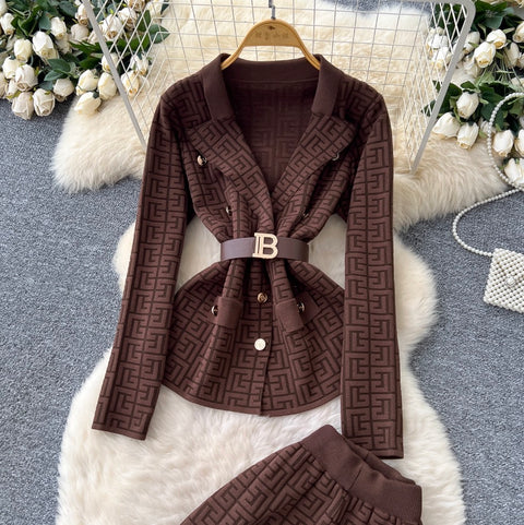 Suit-collar Knitwear & Trousers Maze 2Pcs