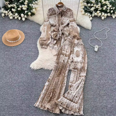 Lace-up Shirt & Draped Trousers Printed 2Pcs