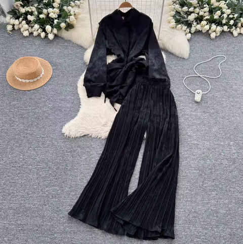 Lace-up Shirt & Draped Trousers Printed 2Pcs