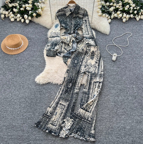 Lace-up Shirt & Draped Trousers Printed 2Pcs