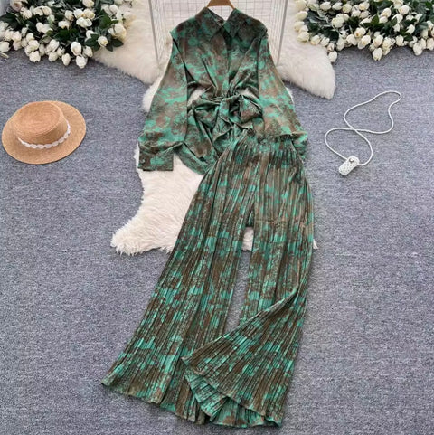 Lace-up Shirt & Draped Trousers Printed 2Pcs