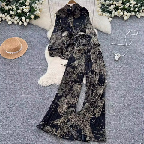 Lace-up Shirt & Draped Trousers Printed 2Pcs