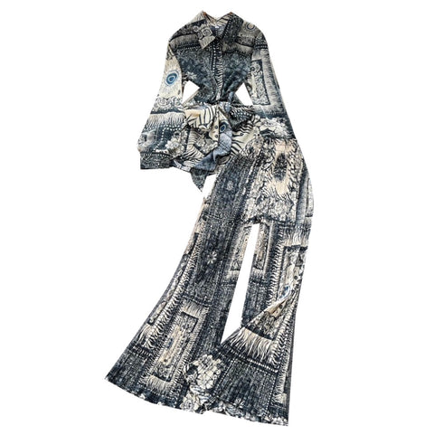 Lace-up Shirt & Draped Trousers Printed 2Pcs