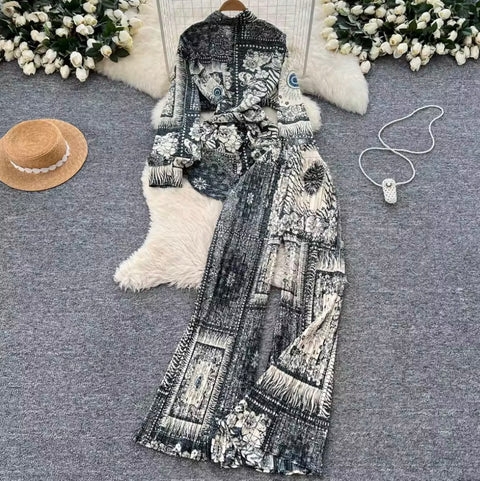 Lace-up Shirt & Draped Trousers Printed 2Pcs