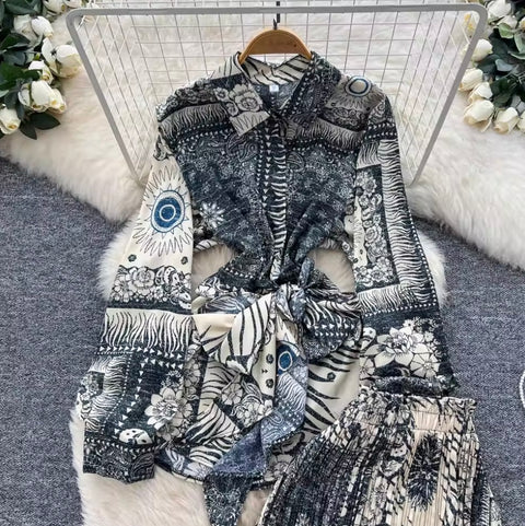 Lace-up Shirt & Draped Trousers Printed 2Pcs