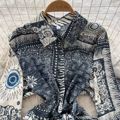 Lace-up Shirt & Draped Trousers Printed 2Pcs