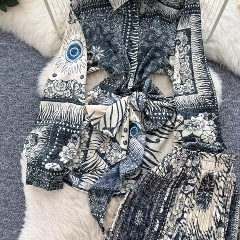 Lace-up Shirt & Draped Trousers Printed 2Pcs