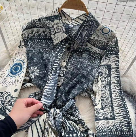 Lace-up Shirt & Draped Trousers Printed 2Pcs