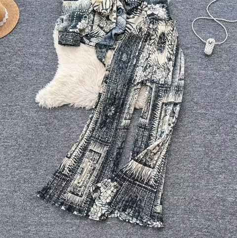 Lace-up Shirt & Draped Trousers Printed 2Pcs
