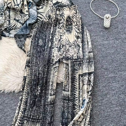 Lace-up Shirt & Draped Trousers Printed 2Pcs