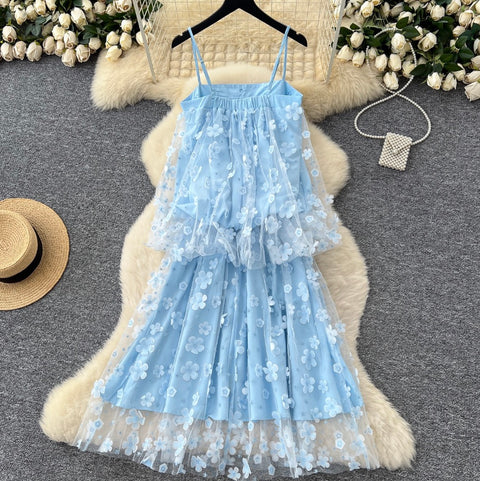 Fairy Blue Beaded Floral Slip Dress