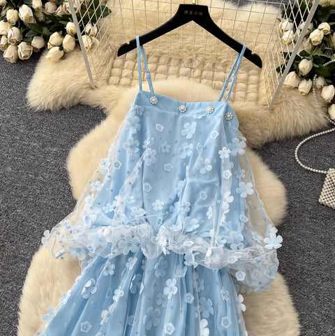 Fairy Blue Beaded Floral Slip Dress