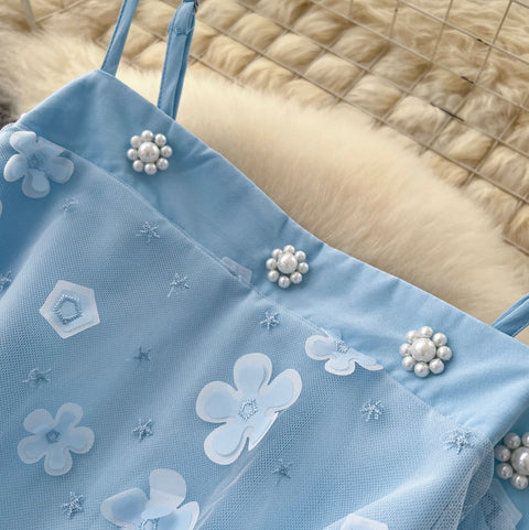 Fairy Blue Beaded Floral Slip Dress