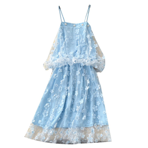 Fairy Blue Beaded Floral Slip Dress