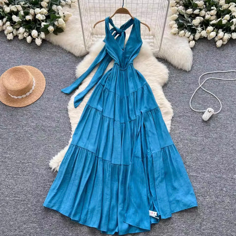 Backeless Lace-up Halter Dress