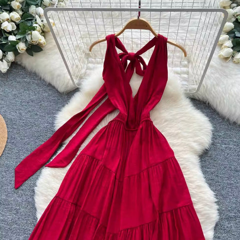 Backeless Lace-up Halter Dress
