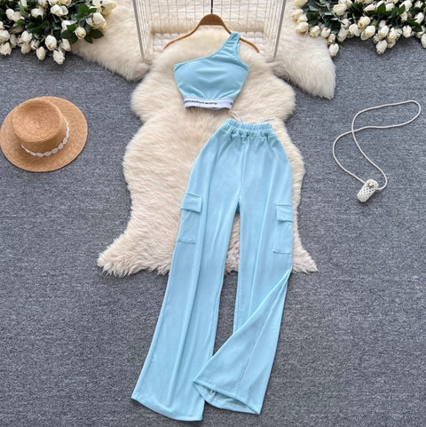 Slant Neckline Vest & Trousers Sportswear 2Pcs