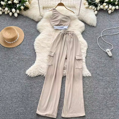 Slant Neckline Vest & Trousers Sportswear 2Pcs