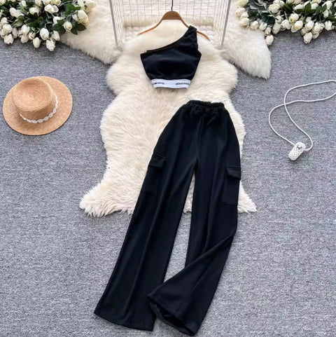 Slant Neckline Vest & Trousers Sportswear 2Pcs