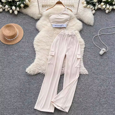 Slant Neckline Vest & Trousers Sportswear 2Pcs