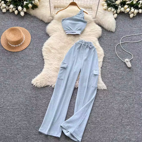 Slant Neckline Vest & Trousers Sportswear 2Pcs