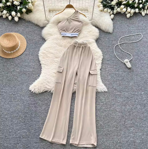 Slant Neckline Vest & Trousers Sportswear 2Pcs