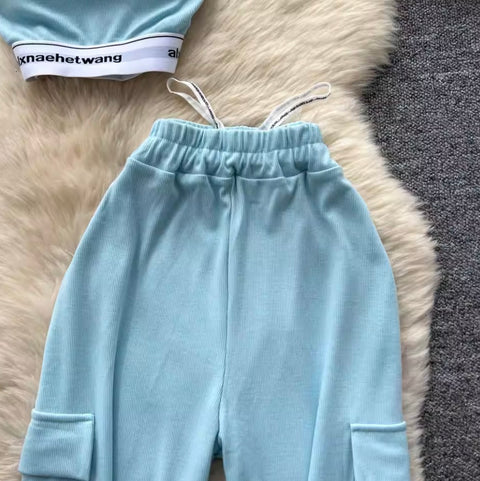 Slant Neckline Vest & Trousers Sportswear 2Pcs