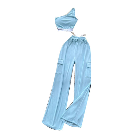 Slant Neckline Vest & Trousers Sportswear 2Pcs