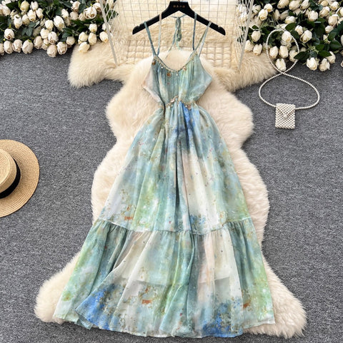 Tie-dye Fringed Mesh Slip Dress