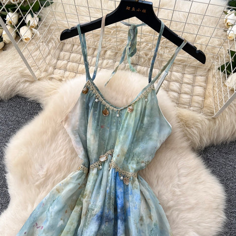 Tie-dye Fringed Mesh Slip Dress