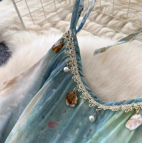 Tie-dye Fringed Mesh Slip Dress