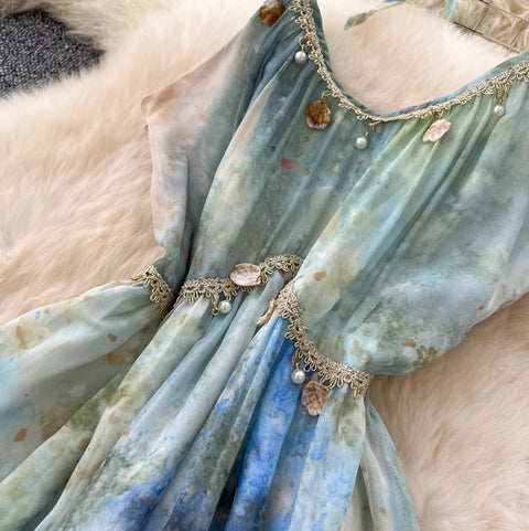 Tie-dye Fringed Mesh Slip Dress