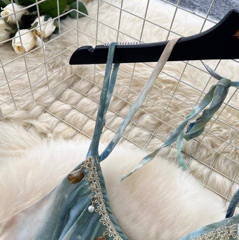 Tie-dye Fringed Mesh Slip Dress