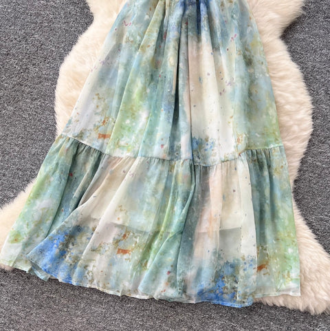 Tie-dye Fringed Mesh Slip Dress