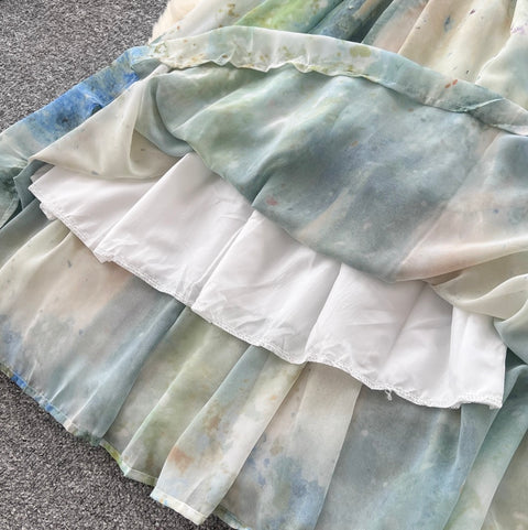 Tie-dye Fringed Mesh Slip Dress