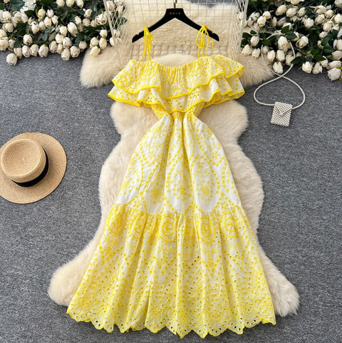 Off-shoulder Ruffled Embroidered Slip Dress