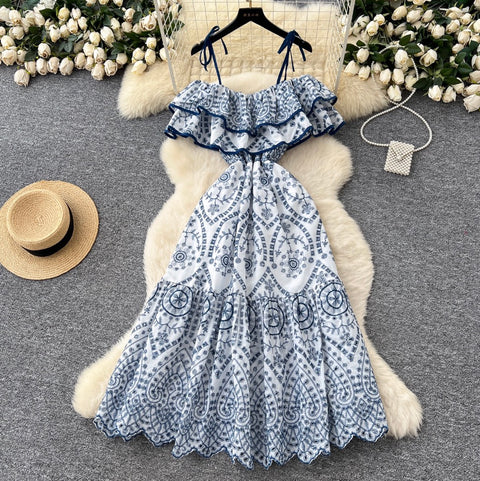 Off-shoulder Ruffled Embroidered Slip Dress
