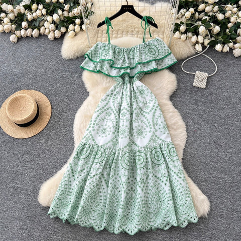 Off-shoulder Ruffled Embroidered Slip Dress