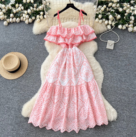 Off-shoulder Ruffled Embroidered Slip Dress