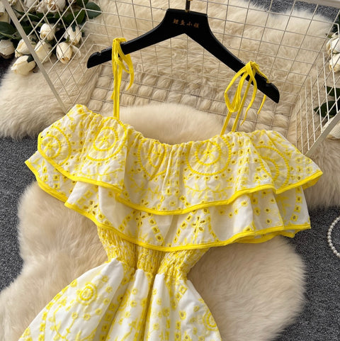 Off-shoulder Ruffled Embroidered Slip Dress