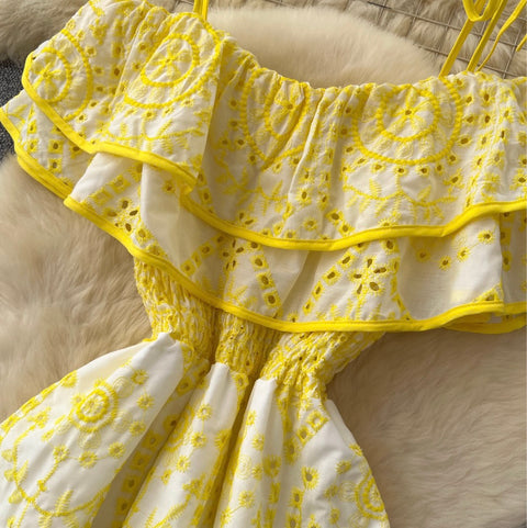 Off-shoulder Ruffled Embroidered Slip Dress