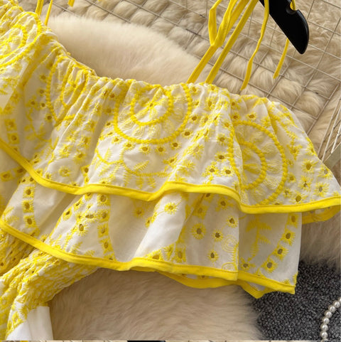 Off-shoulder Ruffled Embroidered Slip Dress