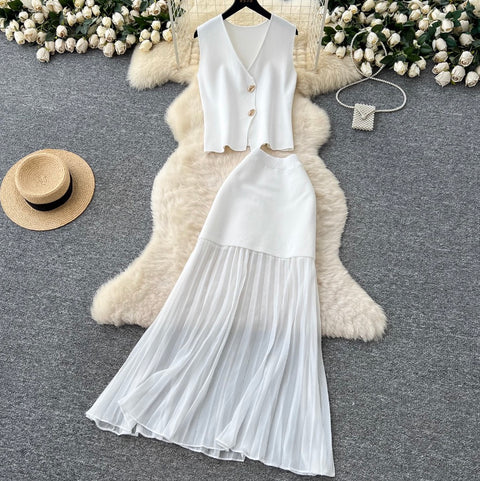 V-neck Knitwear & Mesh Skirt 2Pcs