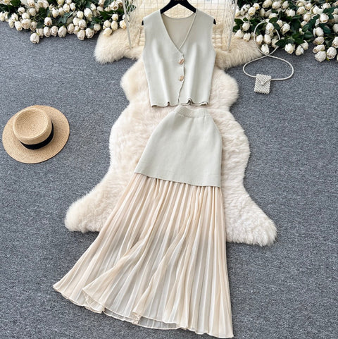 V-neck Knitwear & Mesh Skirt 2Pcs